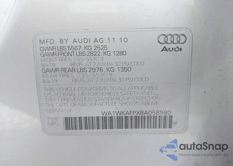 2011 Audi Q5 3.2 Premium Plus из США, поврежденный, VIN WA1WKAFPXBA058980